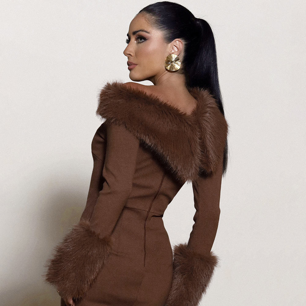 Solid Color One-Shoulder Long Sleeve Bodycon Maxi Dress with Faux Fur Trim