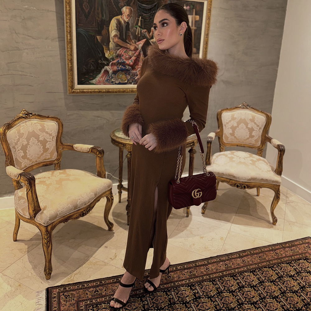 Solid Color One-Shoulder Long Sleeve Bodycon Maxi Dress with Faux Fur Trim