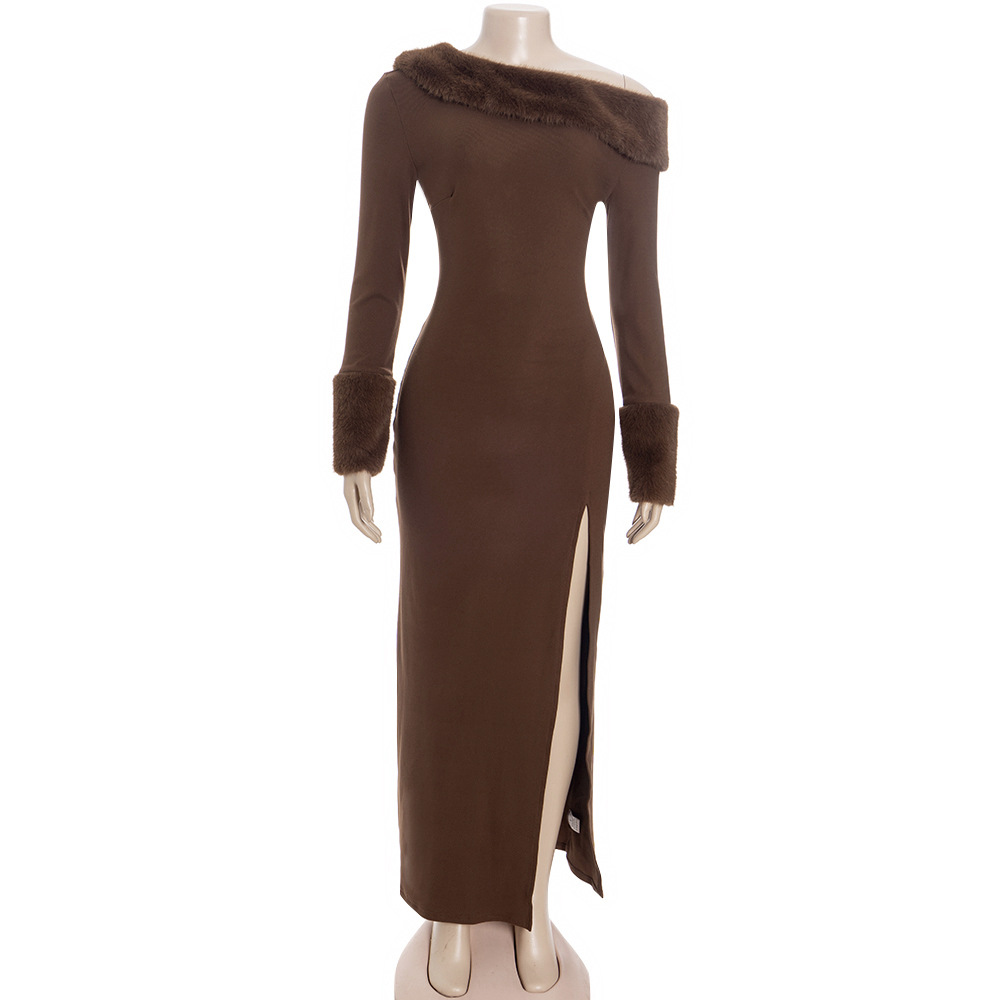 Solid Color One-Shoulder Long Sleeve Bodycon Maxi Dress with Faux Fur Trim