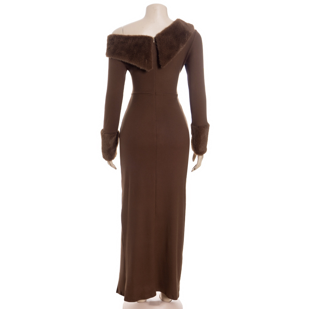 Solid Color One-Shoulder Long Sleeve Bodycon Maxi Dress with Faux Fur Trim