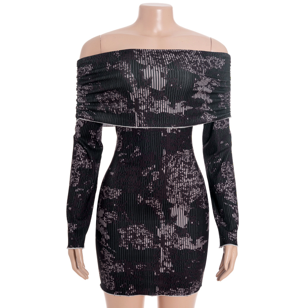  Off-the-Shoulder Long Sleeve Printed Bodycon Mini Dress