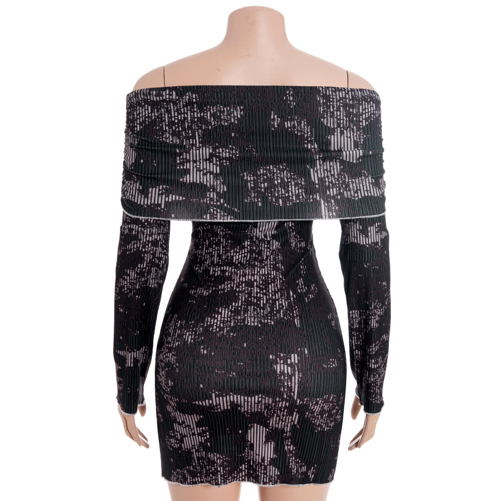  Off-the-Shoulder Long Sleeve Printed Bodycon Mini Dress
