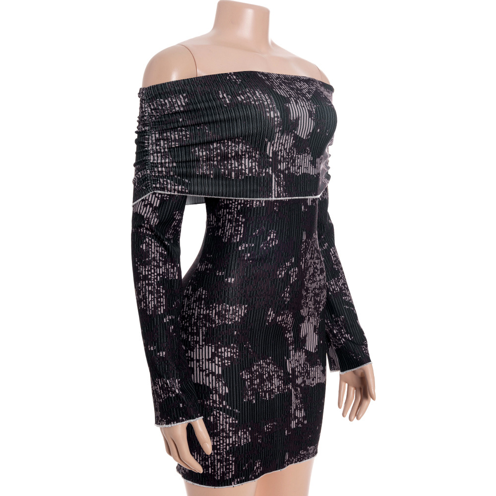  Off-the-Shoulder Long Sleeve Printed Bodycon Mini Dress