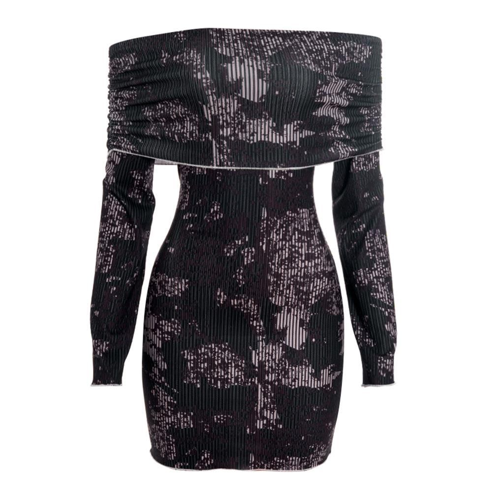  Off-the-Shoulder Long Sleeve Printed Bodycon Mini Dress
