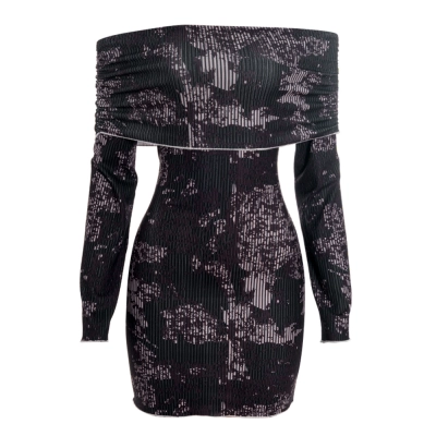  Off-the-Shoulder Long Sleeve Printed Bodycon Mini Dress 01