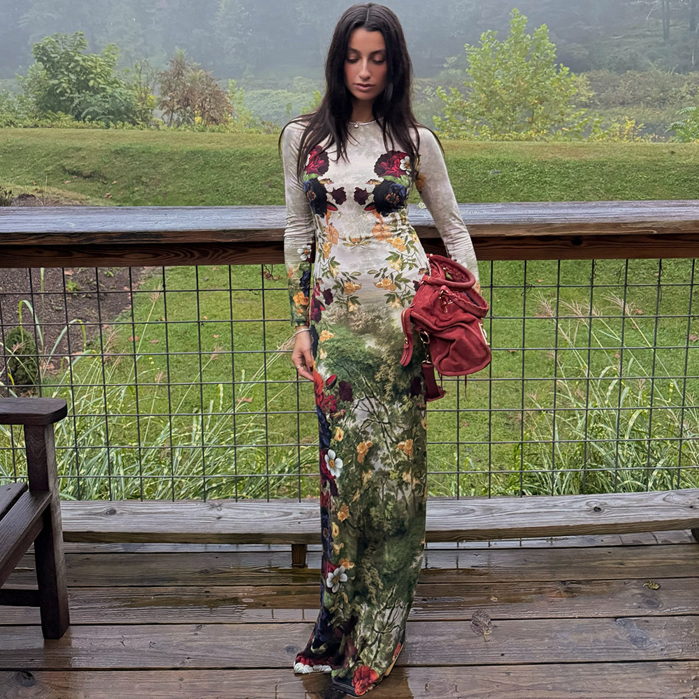 Botanical Print Long Sleeve Maxi Dress