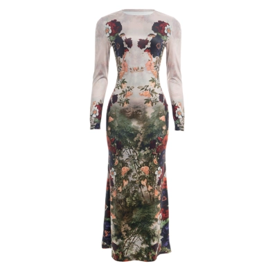 Botanical Print Long Sleeve Maxi Dress 01