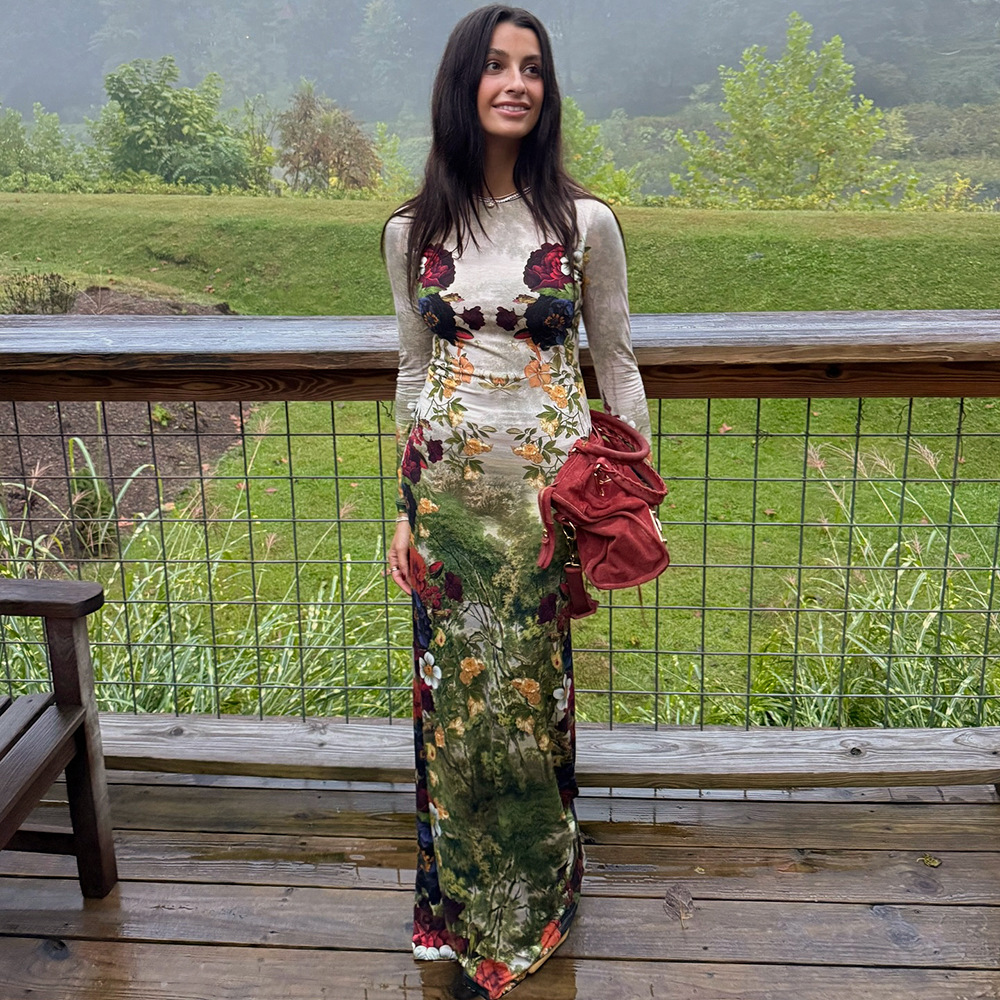 Botanical Print Long Sleeve Maxi Dress