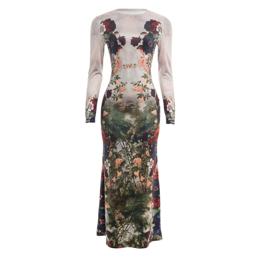 Botanical Print Long Sleeve Maxi Dress