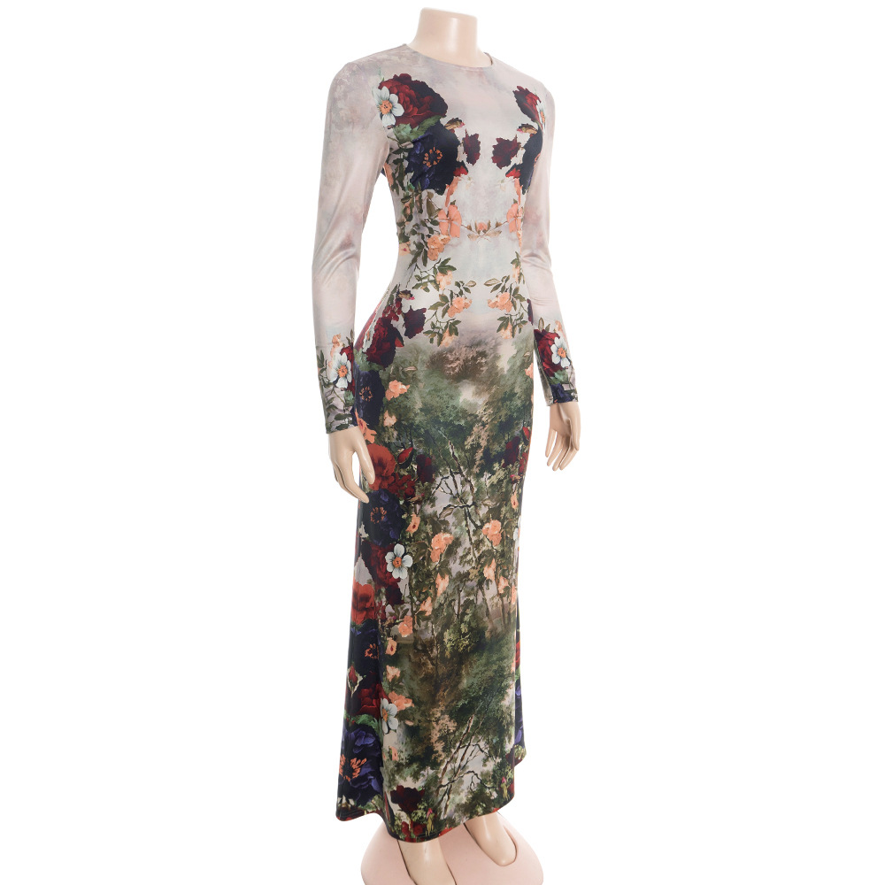 Botanical Print Long Sleeve Maxi Dress