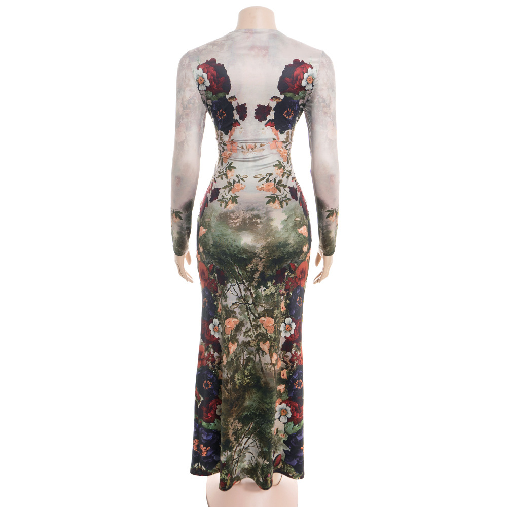 Botanical Print Long Sleeve Maxi Dress