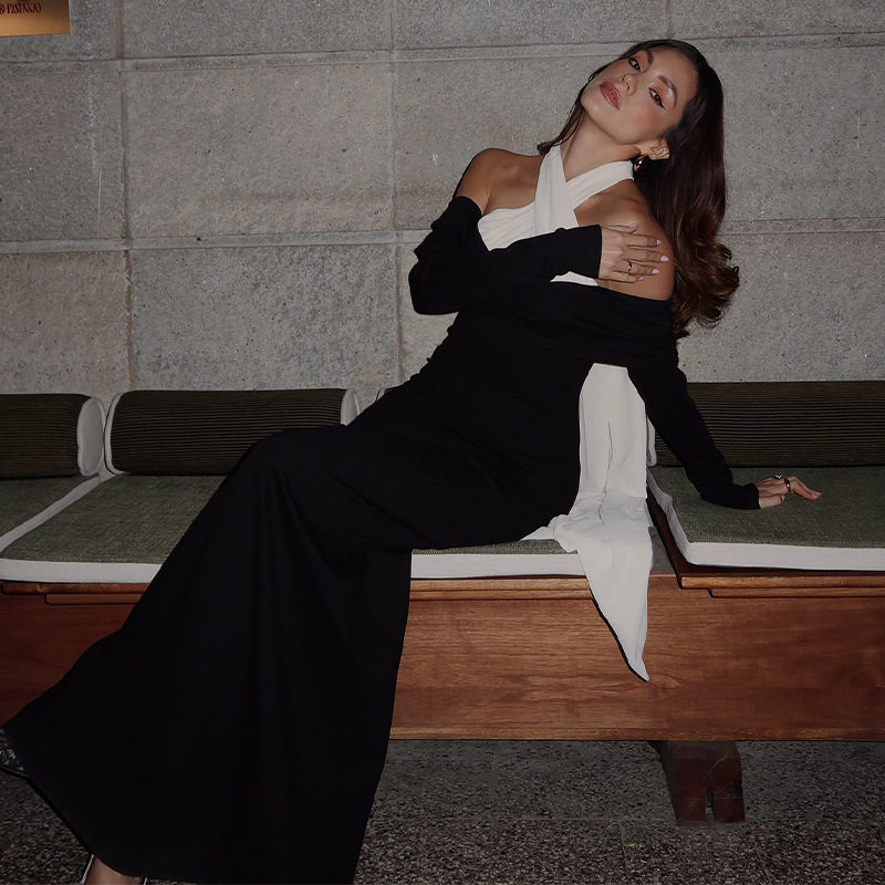 Solid Color Off-Shoulder Halter Neck Tie Maxi Dress