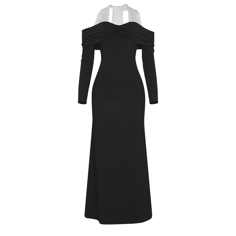 Solid Color Off-Shoulder Halter Neck Tie Maxi Dress