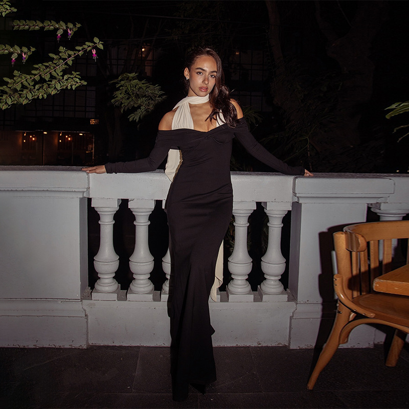 Solid Color Off-Shoulder Halter Neck Tie Maxi Dress