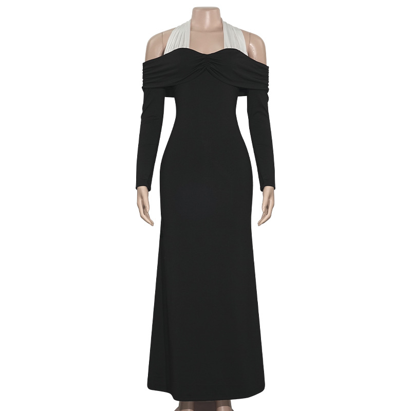 Solid Color Off-Shoulder Halter Neck Tie Maxi Dress