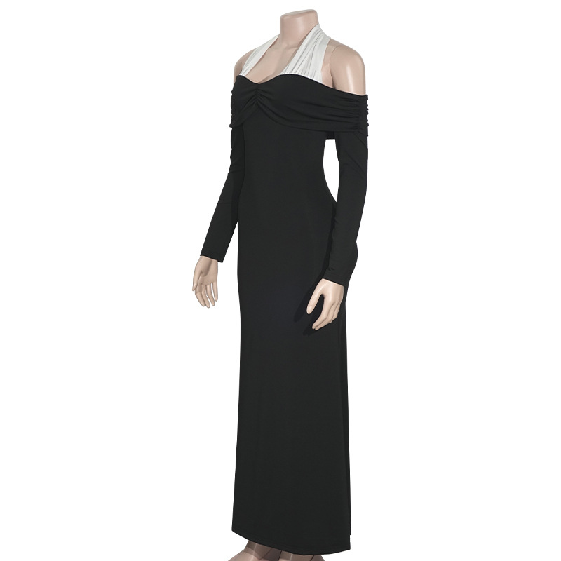 Solid Color Off-Shoulder Halter Neck Tie Maxi Dress