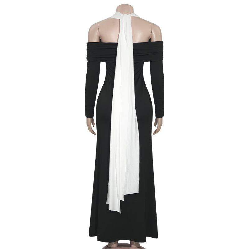 Solid Color Off-Shoulder Halter Neck Tie Maxi Dress