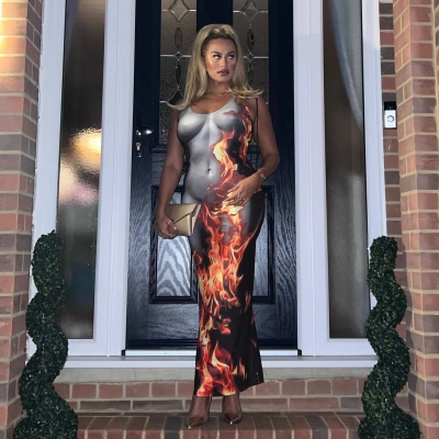 Sleeveless Pullover Flame Print Bodycon Maxi Dress 02