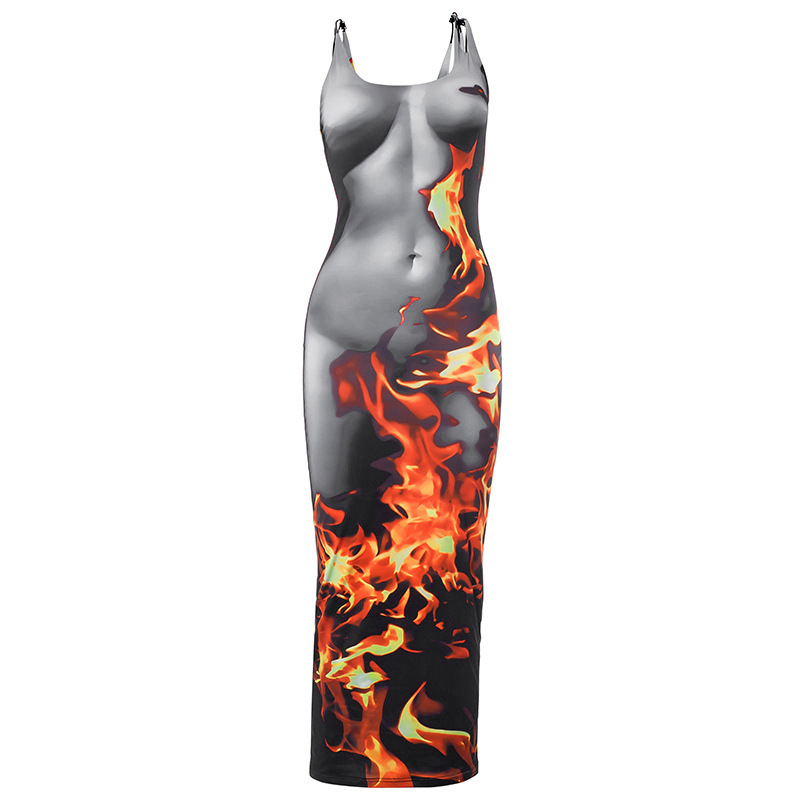 Sleeveless Pullover Flame Print Bodycon Maxi Dress