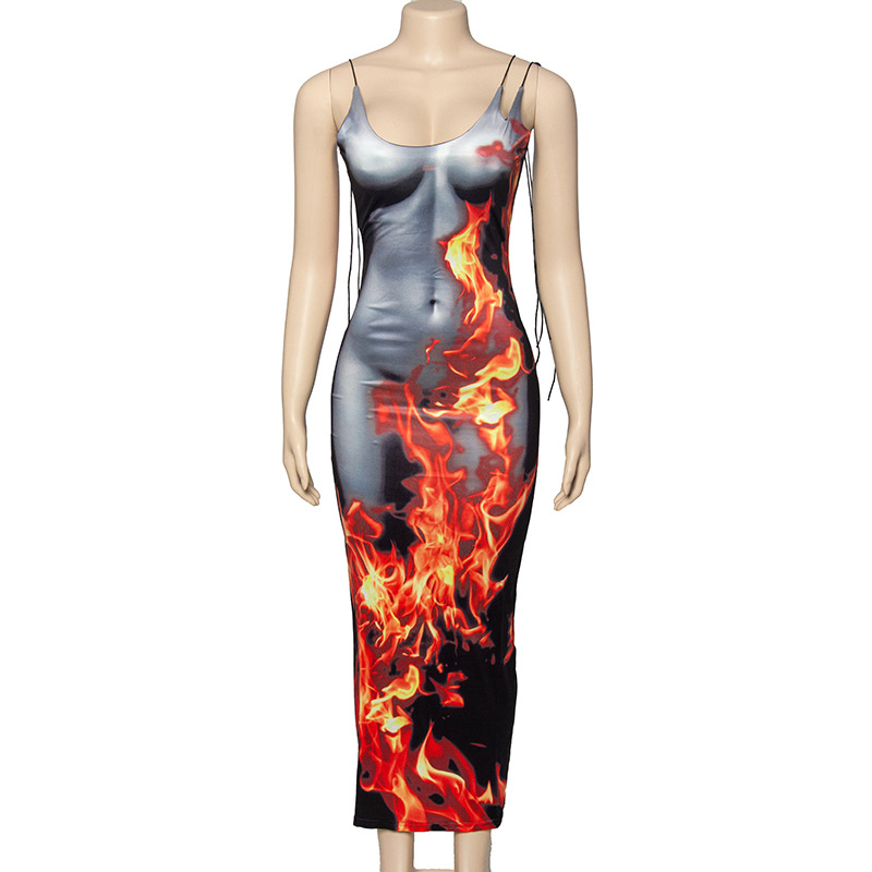 Sleeveless Pullover Flame Print Bodycon Maxi Dress