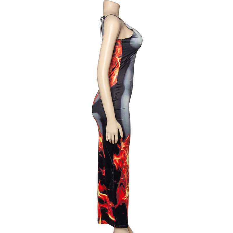 Sleeveless Pullover Flame Print Bodycon Maxi Dress