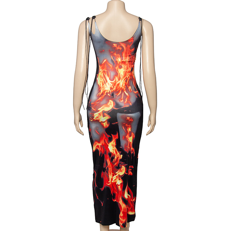 Sleeveless Pullover Flame Print Bodycon Maxi Dress