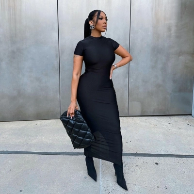 Solid Color Crew Neck Short Sleeve Bodycon Maxi Dress 02