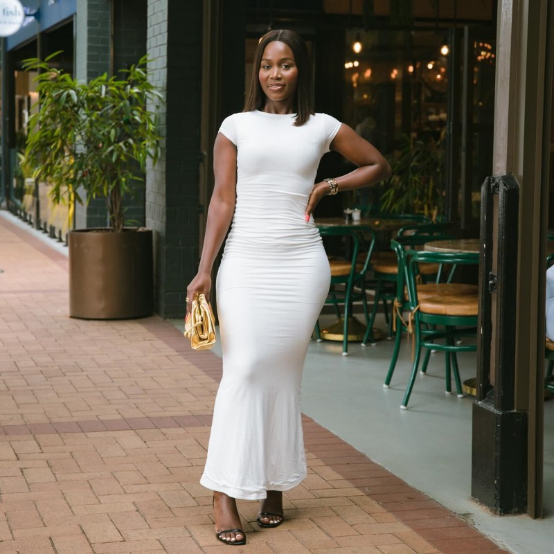 Solid Color Crew Neck Short Sleeve Bodycon Maxi Dress