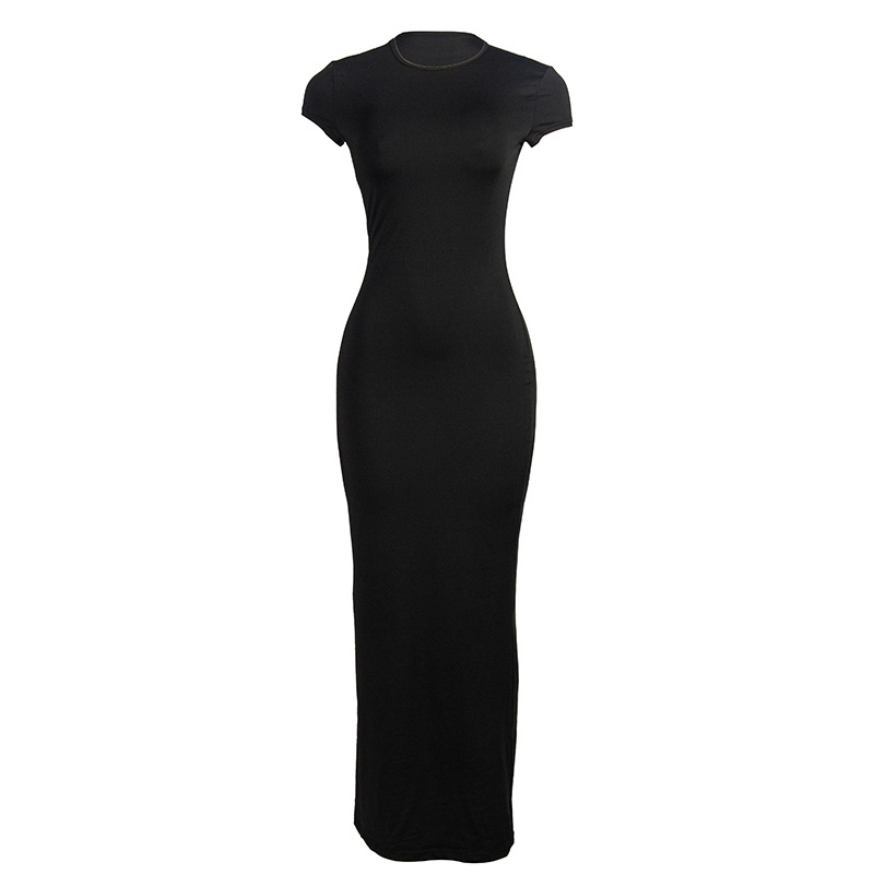 Solid Color Crew Neck Short Sleeve Bodycon Maxi Dress