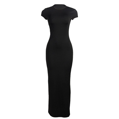 Solid Color Crew Neck Short Sleeve Bodycon Maxi Dress 01