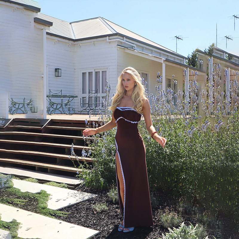 Lace Trim Strapless Bodycon Maxi Dress