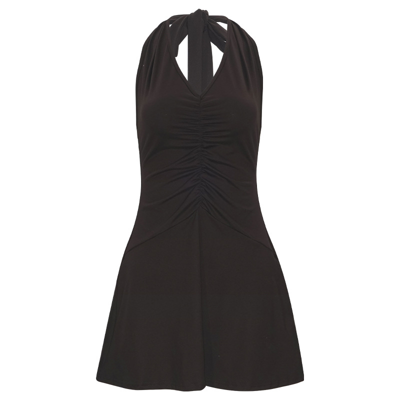 Solid Color Halter Neck V-Neck Sleeveless Mini Dress