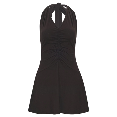 Solid Color Halter Neck V-Neck Sleeveless Mini Dress 01