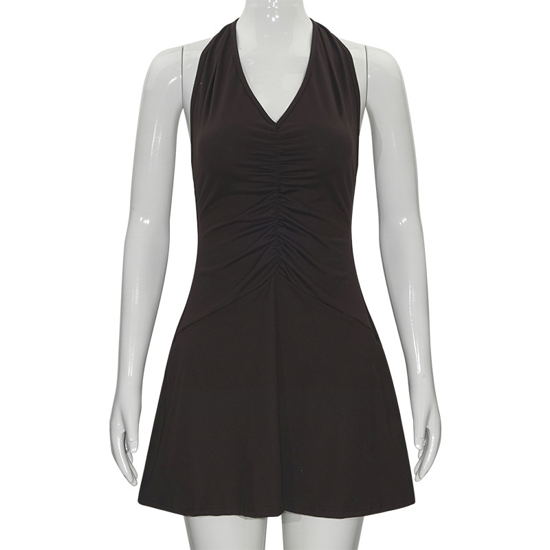 Solid Color Halter Neck V-Neck Sleeveless Mini Dress