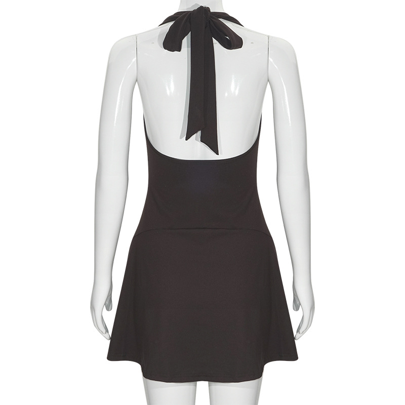 Solid Color Halter Neck V-Neck Sleeveless Mini Dress