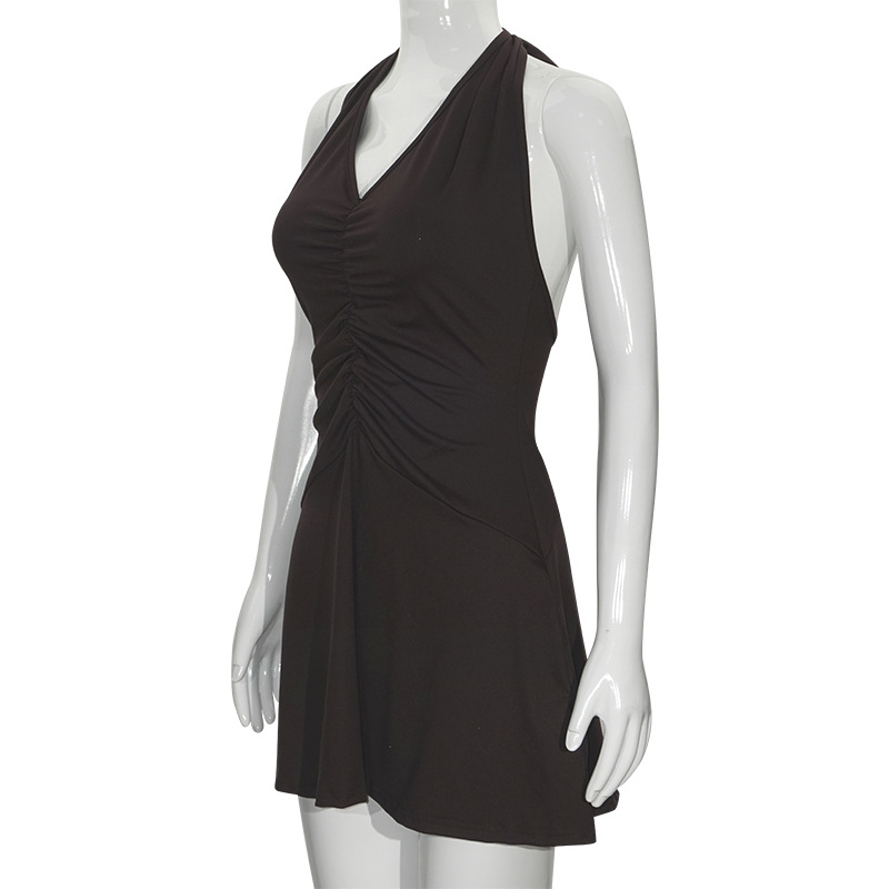 Solid Color Halter Neck V-Neck Sleeveless Mini Dress