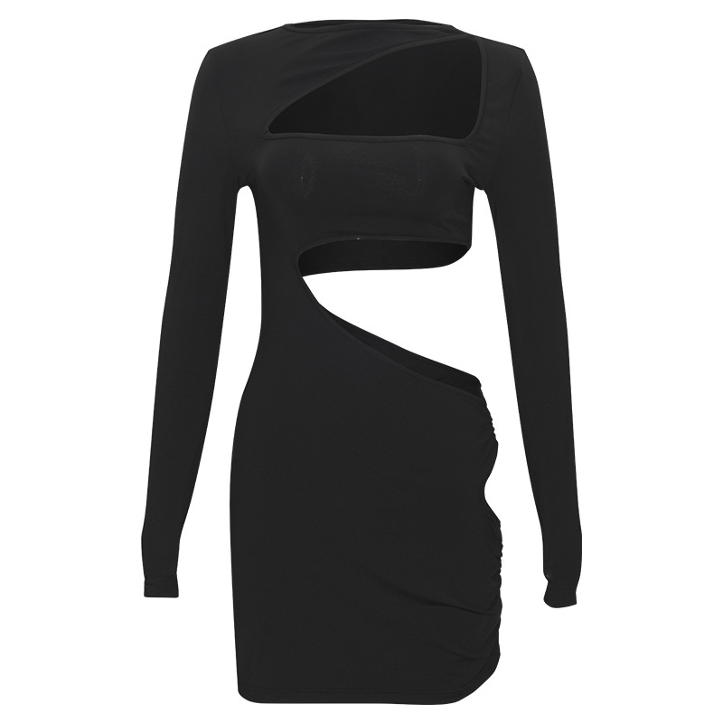 Solid Color Crew Neck Long Sleeve Bodycon Mini Dress