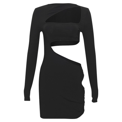 Solid Color Crew Neck Long Sleeve Bodycon Mini Dress 01