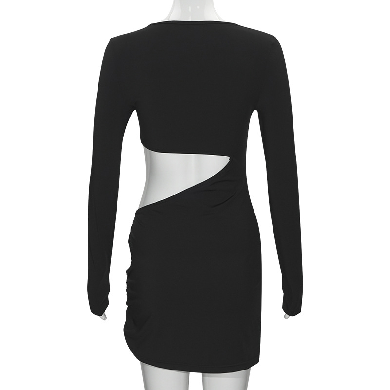 Solid Color Crew Neck Long Sleeve Bodycon Mini Dress