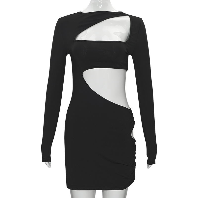 Solid Color Crew Neck Long Sleeve Bodycon Mini Dress
