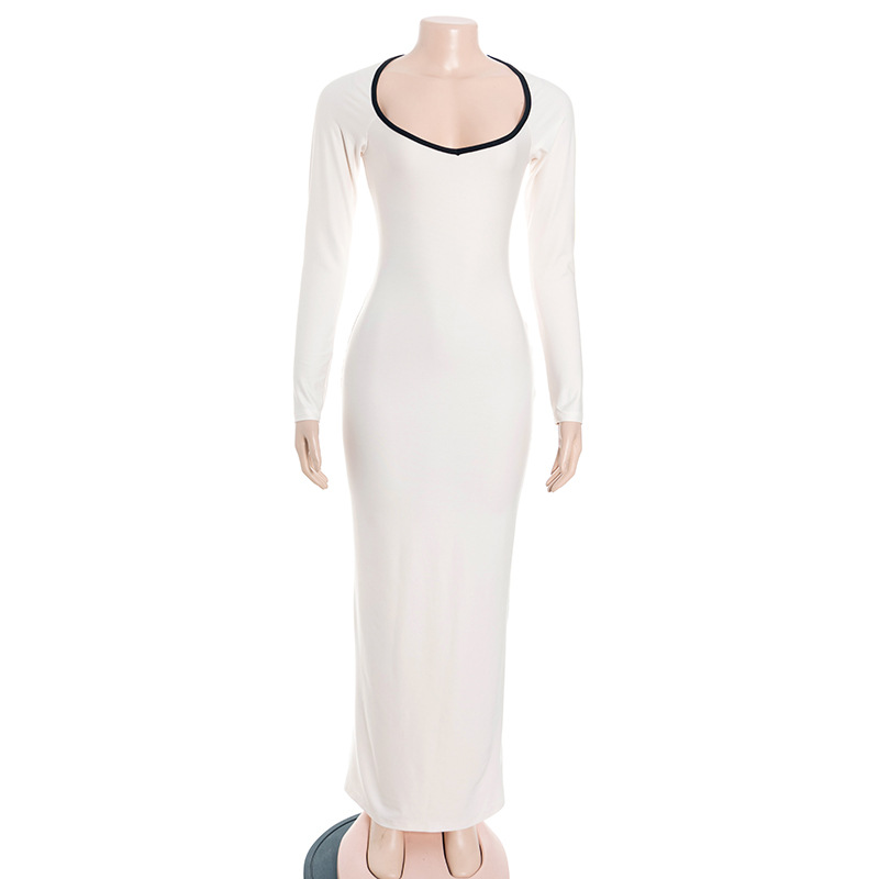 Solid Color Long Sleeve Bodycon Maxi Dress with Contrast Collar
