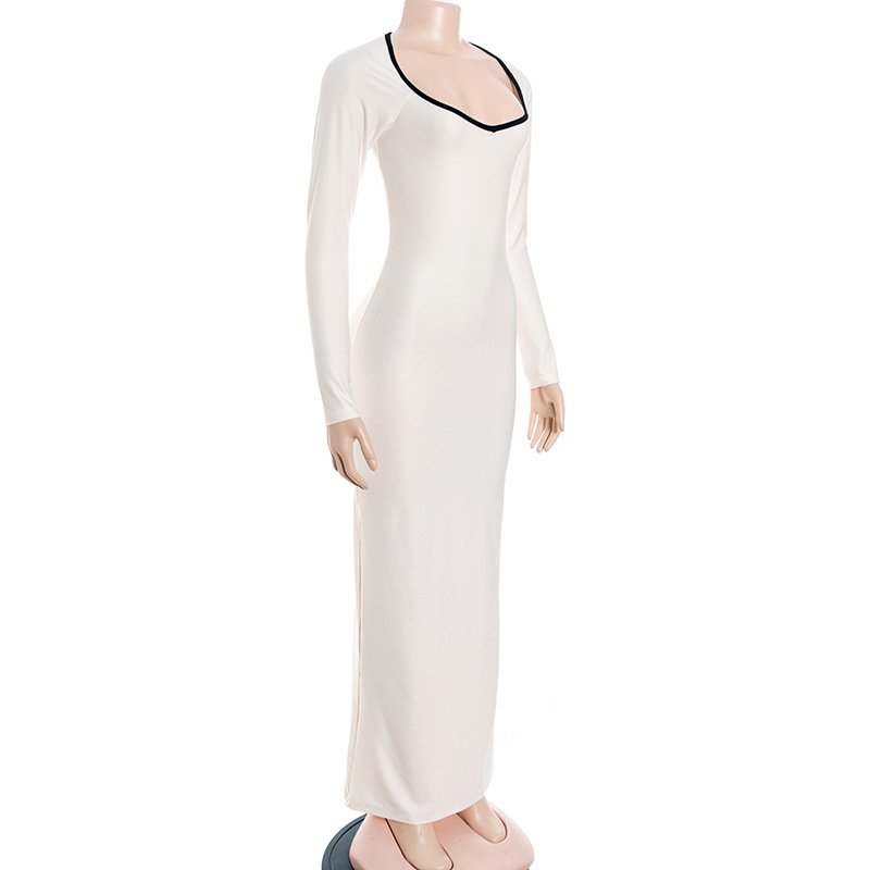 Solid Color Long Sleeve Bodycon Maxi Dress with Contrast Collar