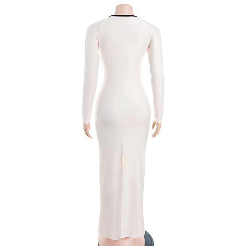 Solid Color Long Sleeve Bodycon Maxi Dress with Contrast Collar