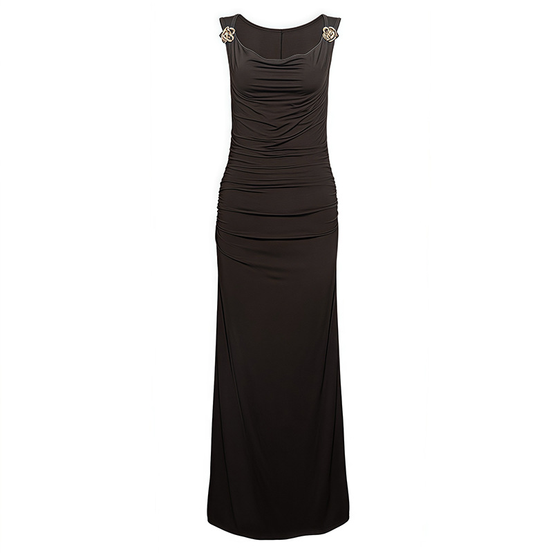 Spaghetti Strap Cowl Neck Ruched High Waist Slit Bodycon Maxi Dress