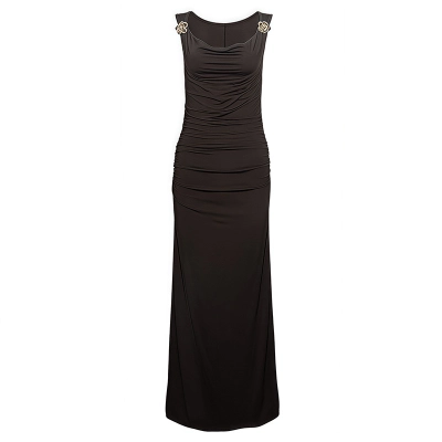 Spaghetti Strap Cowl Neck Ruched High Waist Slit Bodycon Maxi Dress 01