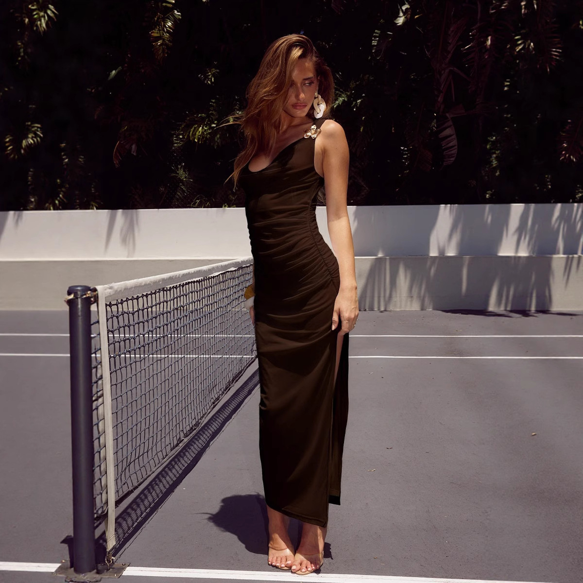 Spaghetti Strap Cowl Neck Ruched High Waist Slit Bodycon Maxi Dress