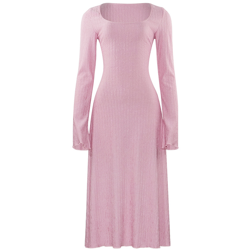 Solid Color Square Neck Long Sleeve Fitted Dress with Waist Tie