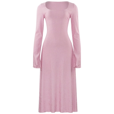Solid Color Square Neck Long Sleeve Fitted Dress with Waist Tie 01