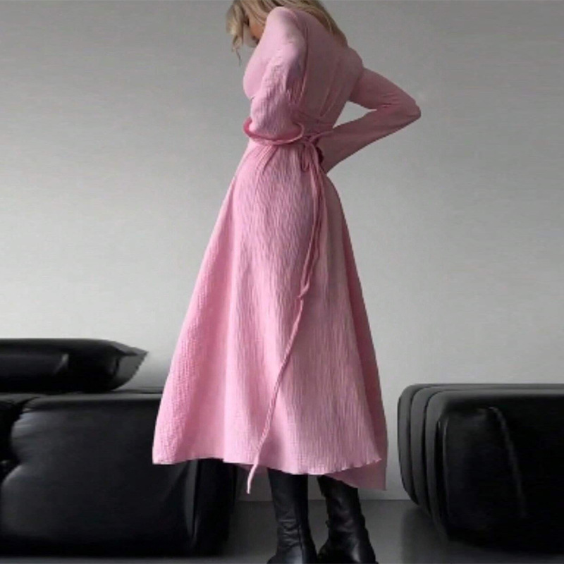 Solid Color Square Neck Long Sleeve Fitted Dress with Waist Tie