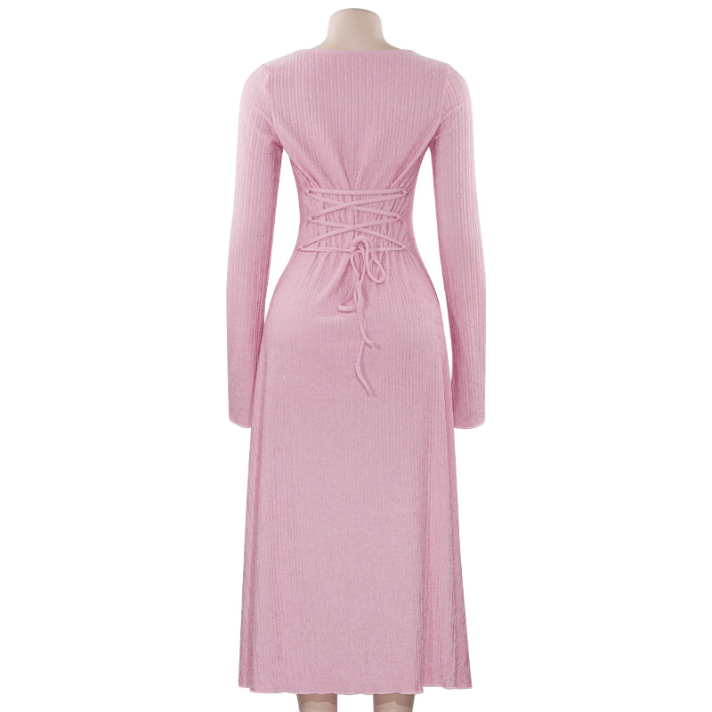 Solid Color Square Neck Long Sleeve Fitted Dress with Waist Tie